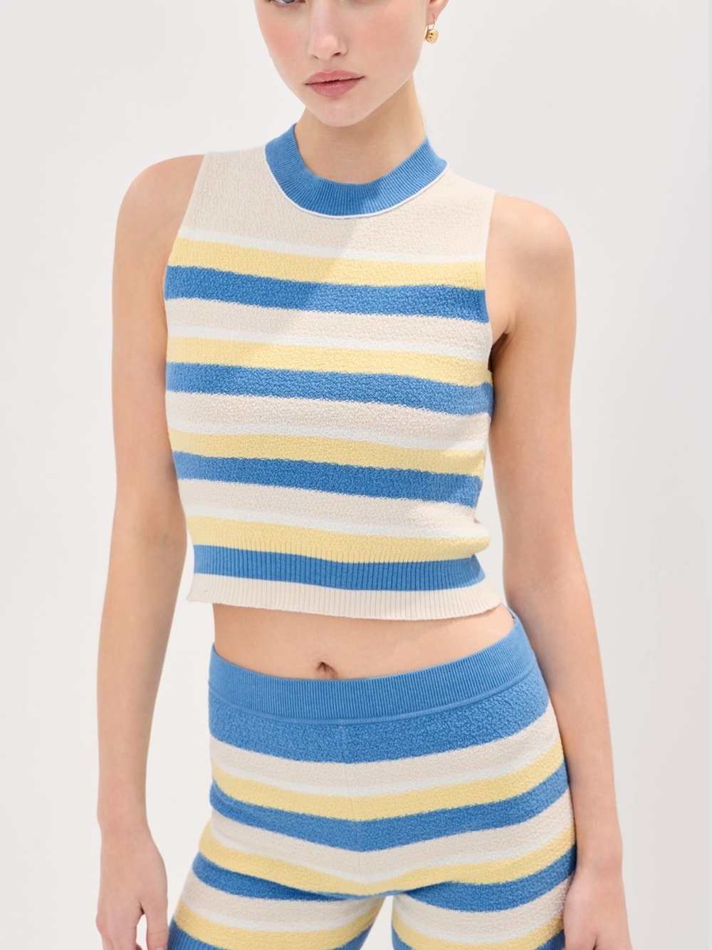 Simkhai Striped Knit Cropped Set in Blue, Yellow & Cream